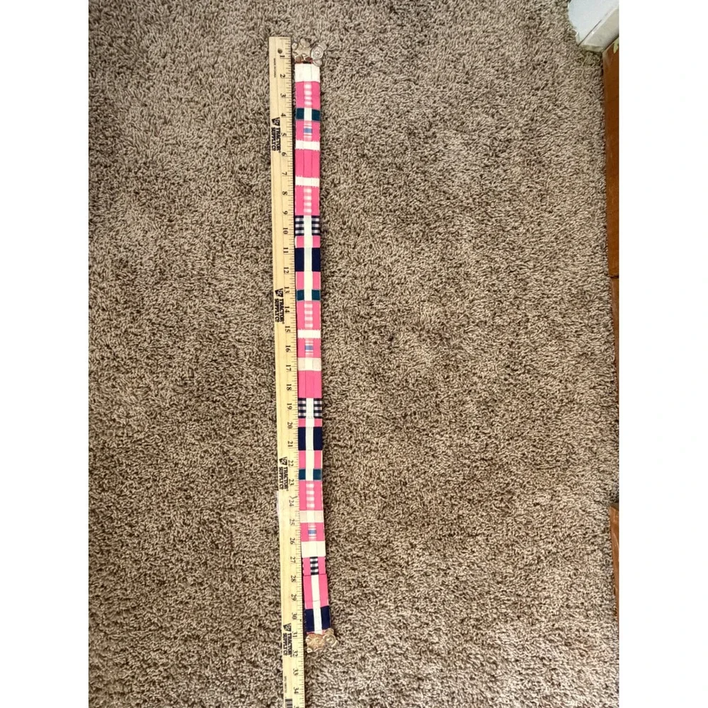 Vintage Patchwork Grosgrain Ribbon Belt Brass Koala Bear Buckle Pink Navy 32in